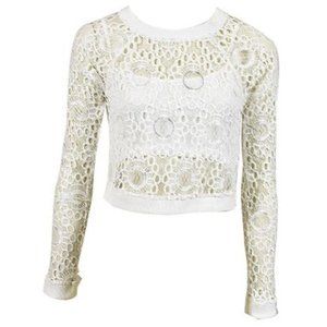 GOLDIE LONDON Crop LACE WHITE Crew Neck LONG SLEEVE Shirt TOP S/M